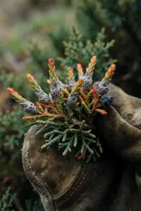 Dead juniper shoot tips turning red yellow, steadied by a worn garden mitt