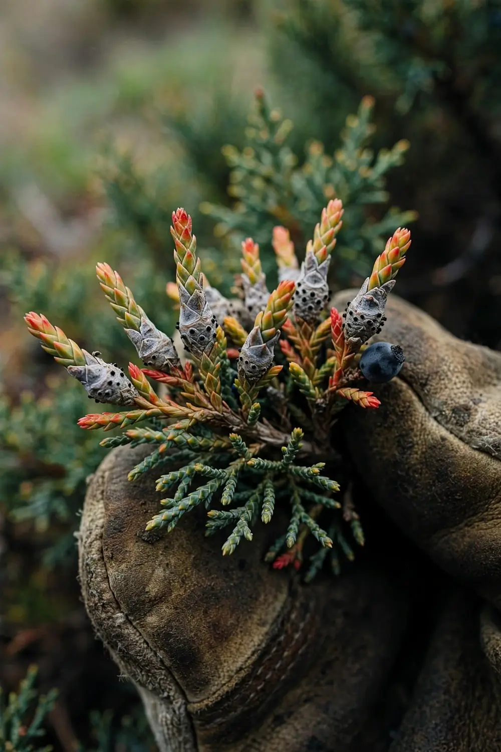 Dead juniper shoot tips turning red yellow, steadied by a worn garden mitt