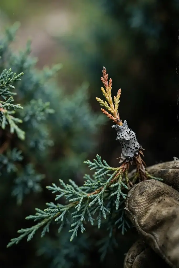 Blighted juniper shoot tip with gray lesion, held by a worn garden mitt.