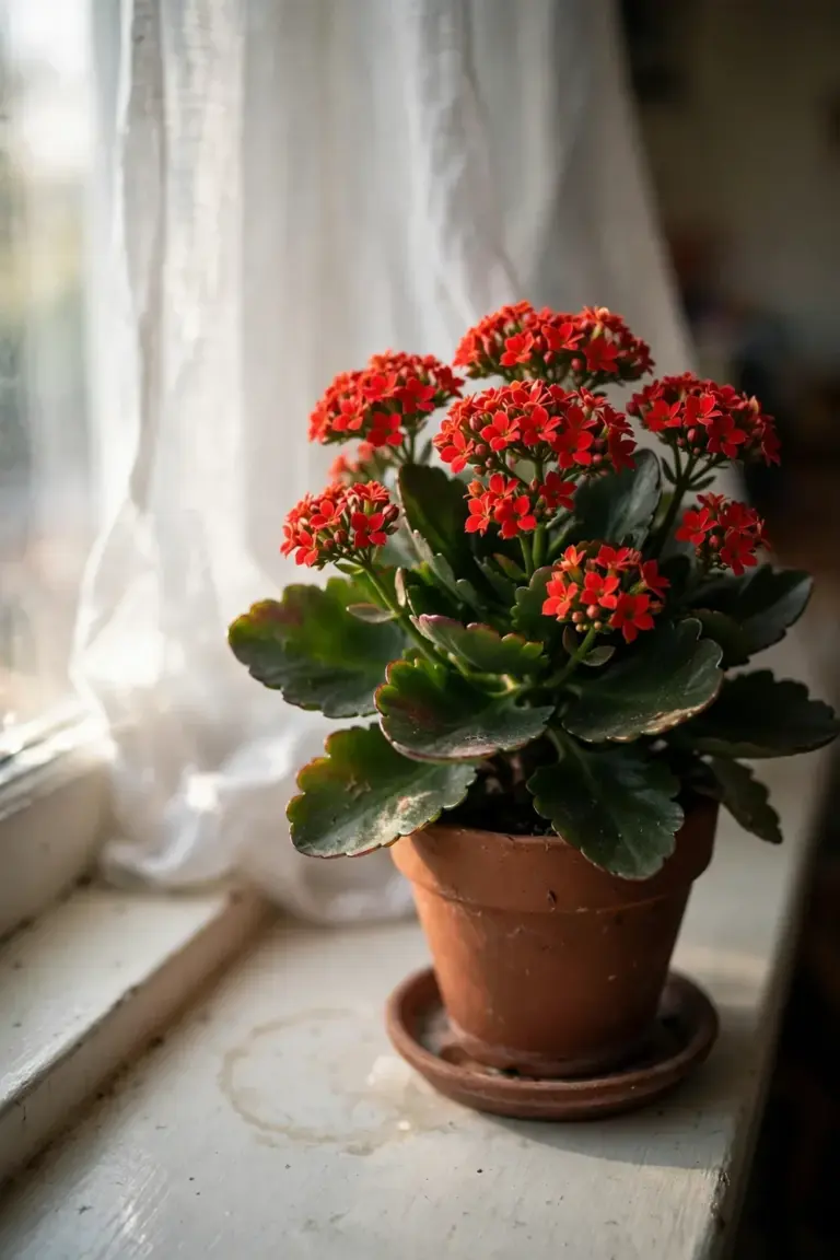 Kalanchoe in a terracotta pot on a bright east-facing windowsill behind a sheer curtain