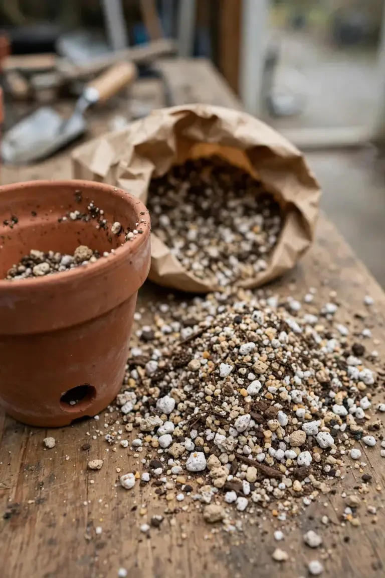 Terracotta pot beside a mound of gritty cactus potting mix with perlite