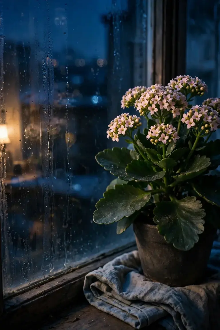 Kalanchoe on a cool bedroom windowsill at night with dark blue evening outside