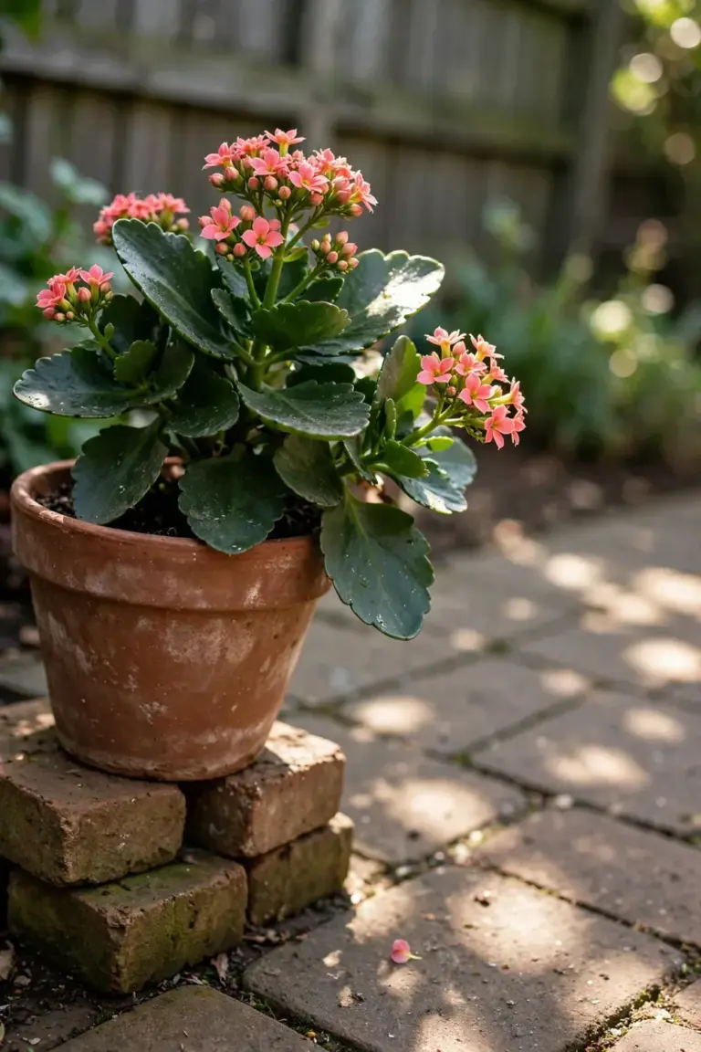 Potted kalanchoe on a sunny frost-free patio in morning light