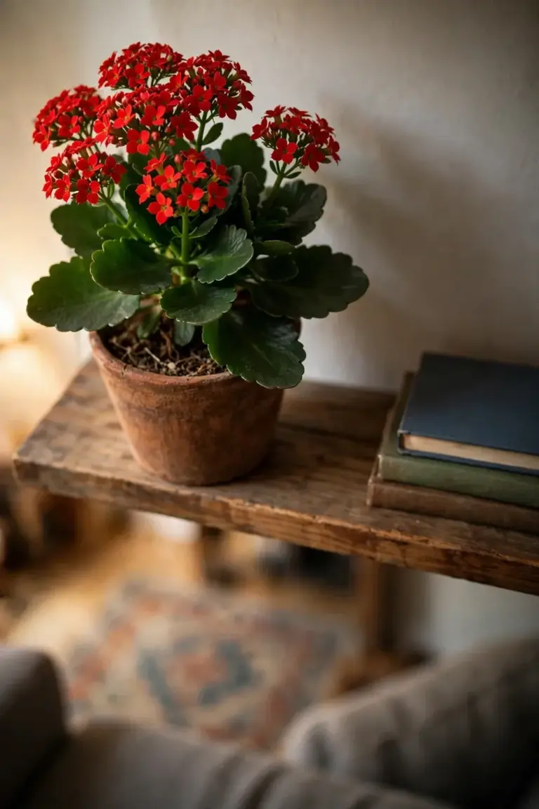 Kalanchoe placed on a high shelf well above a cat-height windowsill