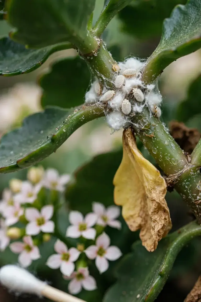 Cottony mealybug tufts clustered at a kalanchoe stem joint under close inspection