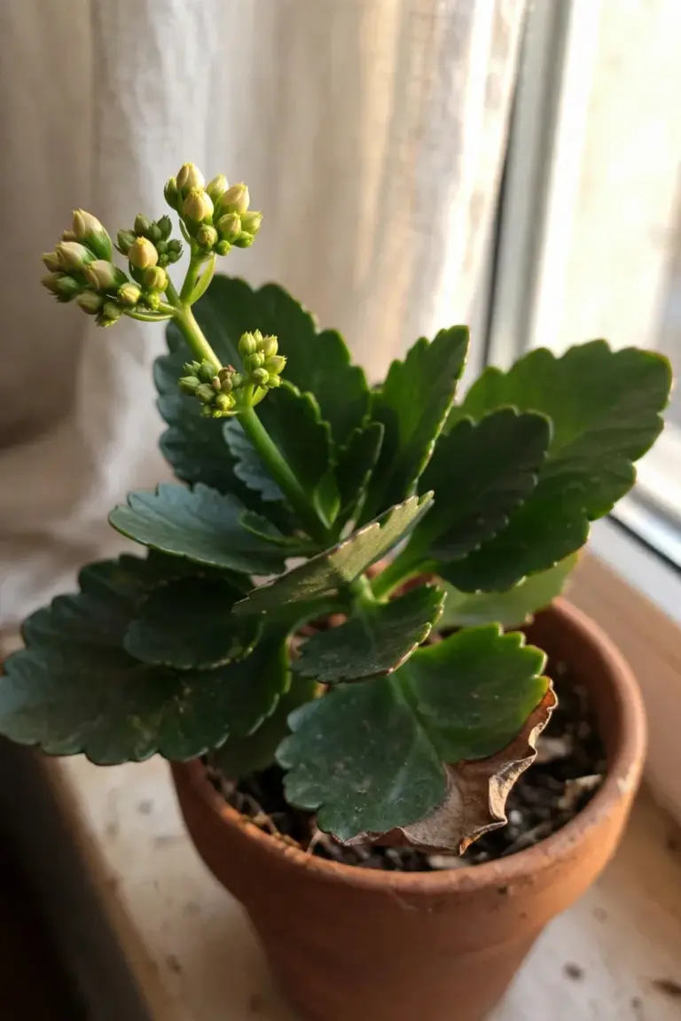 Tiny green flower buds forming at the stem tips of a kalanchoe after the darkness treatment