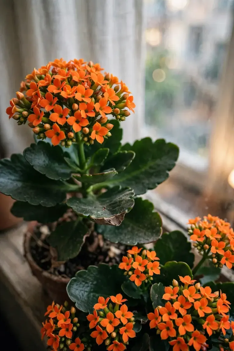 Kalanchoe rebloomed at home with fresh orange flower clusters after the darkness treatment