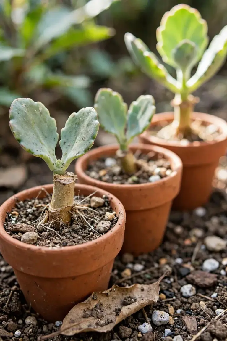 Kalanchoe stem cuttings with callused ends rooting in small pots of gritty mix