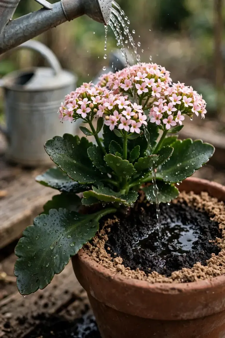 Water soaking into the dry gritty soil of a potted kalanchoe with a full saucer below