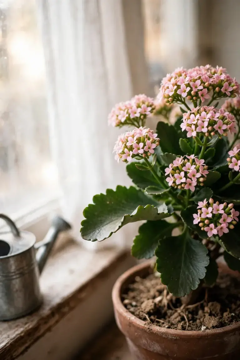 Kalanchoe on a bright windowsill beside a small watering can during routine care