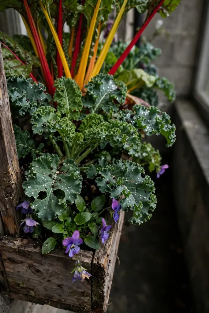 Window box overflowing with curly kale, rainbow chard, violas