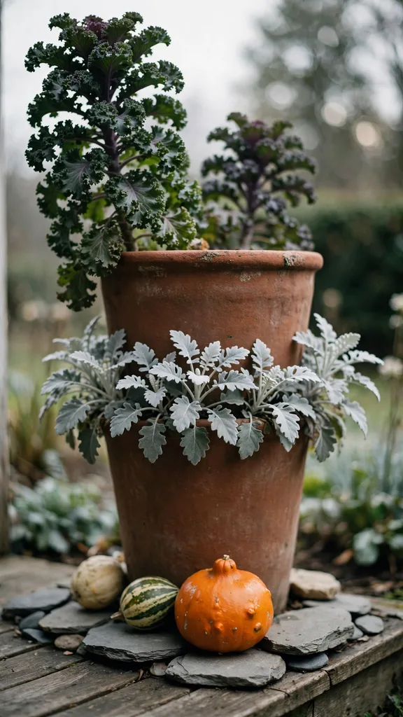 Tall planter with ornamental kale, dusty miller, and gourds at the base