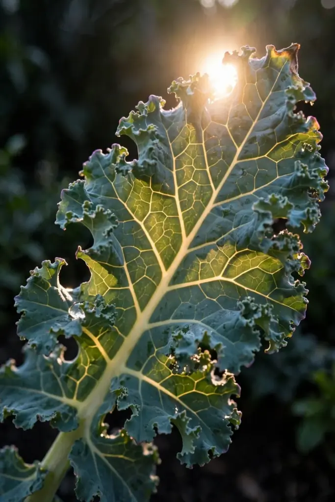 Curly kale leaf backlit so every vein glows against dark bokeh