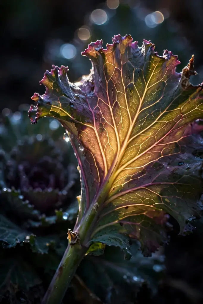 Backlit purple ornamental kale leaf with ruffled edge detail