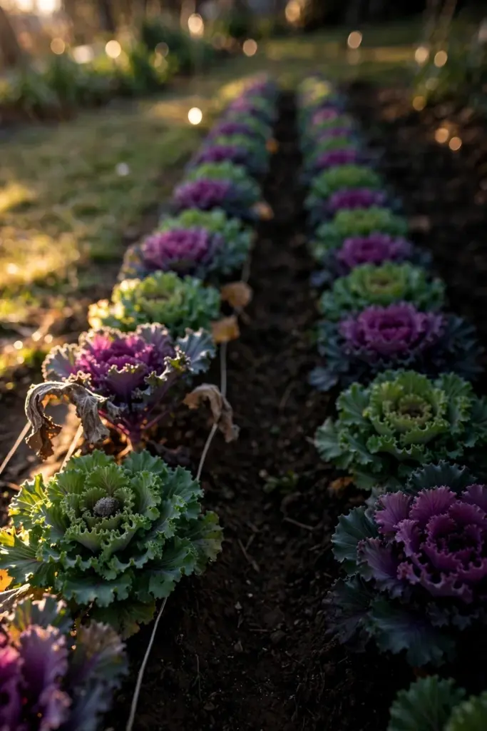 Straight rows of purple and green ornamental kale in a bed