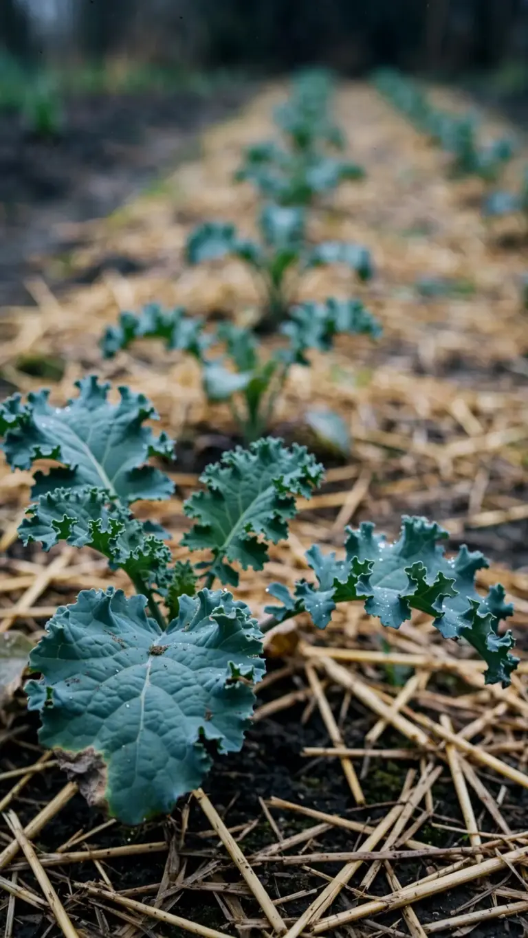 Young kale seedlings spaced in a straw-mulched fall bed