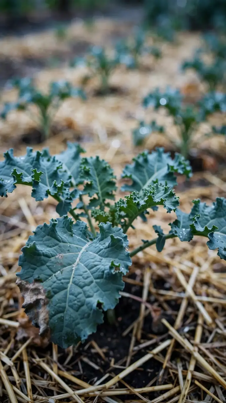 Young kale transplants with ruffled leaves spaced in a mulched fall bed