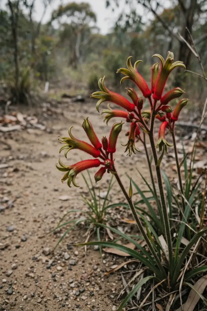 Kangaroo Paw flowers with red and green paw shaped tubes on velvet stems