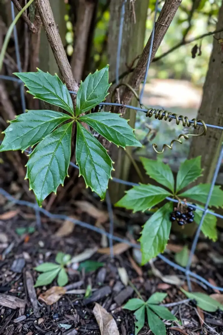 Kangaroo vine with five glossy leaflets and tendrils on a fence