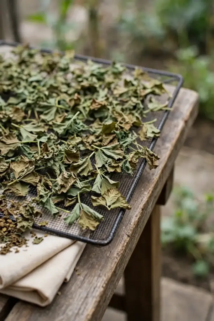Fenugreek leaves spread thin on a mesh tray drying into kasoori methi in shade.