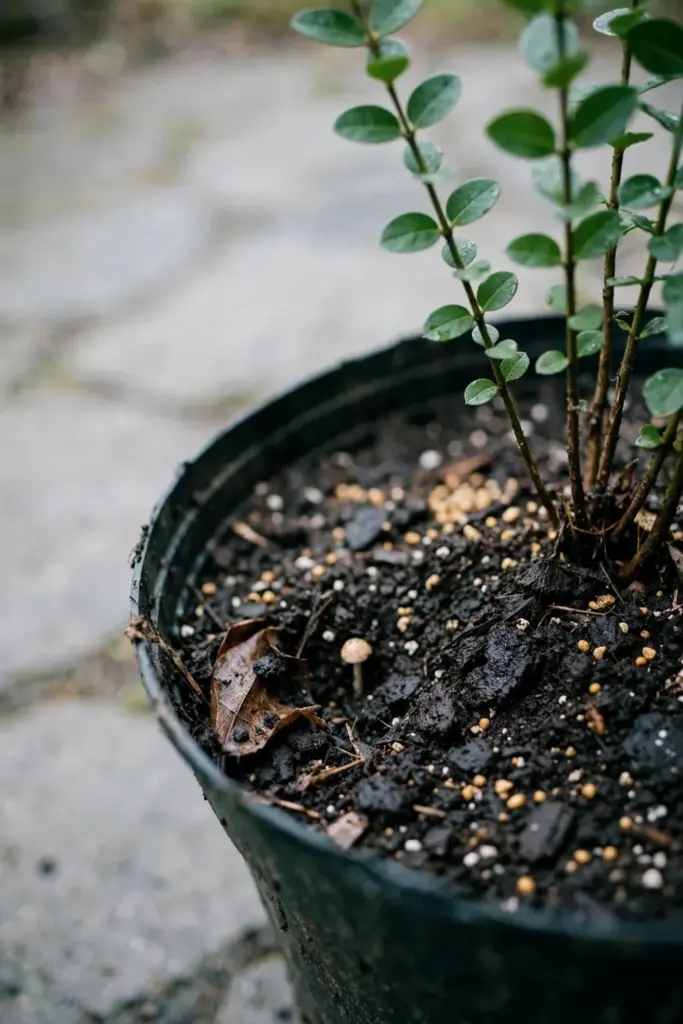 Compost top-dressing spread around katuk stems in a deep pot