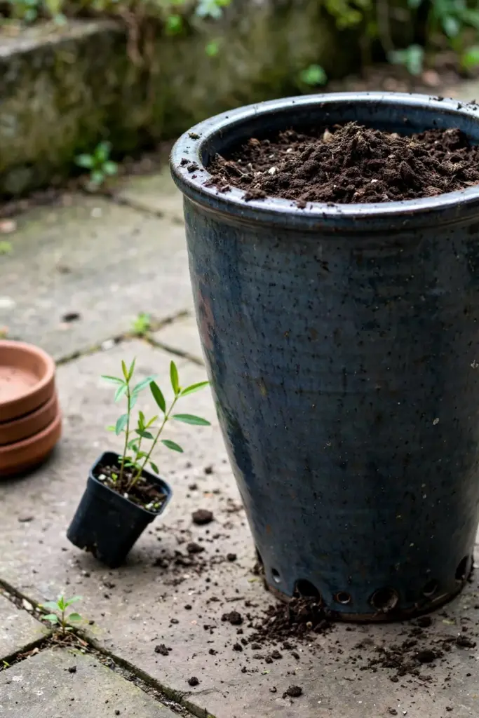 A tall deep ceramic pot with fresh mix and a young katuk transplant beside it