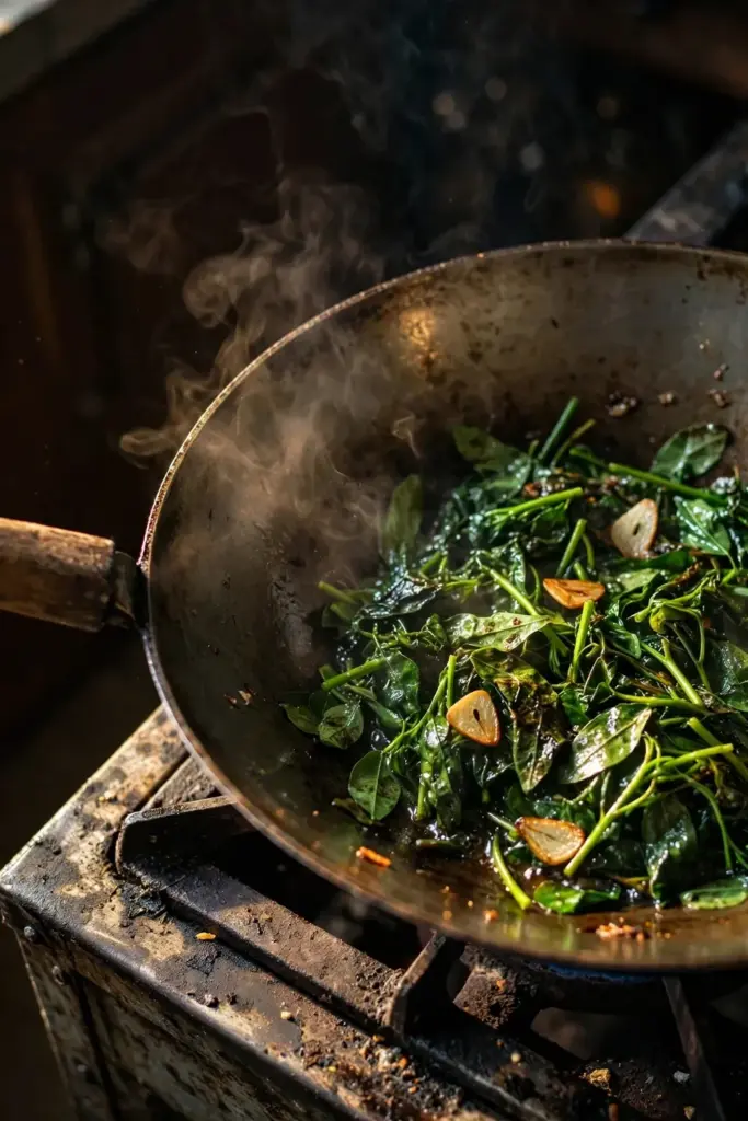 Katuk greens cooking in a wok with steam rising