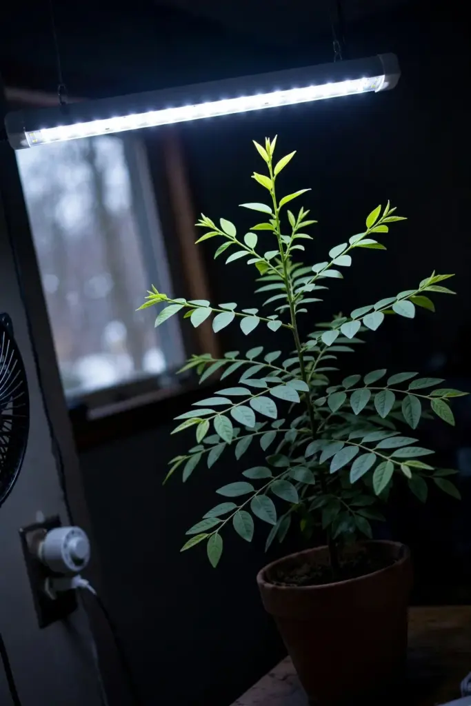 A potted katuk shrub growing under a full-spectrum LED bar indoors