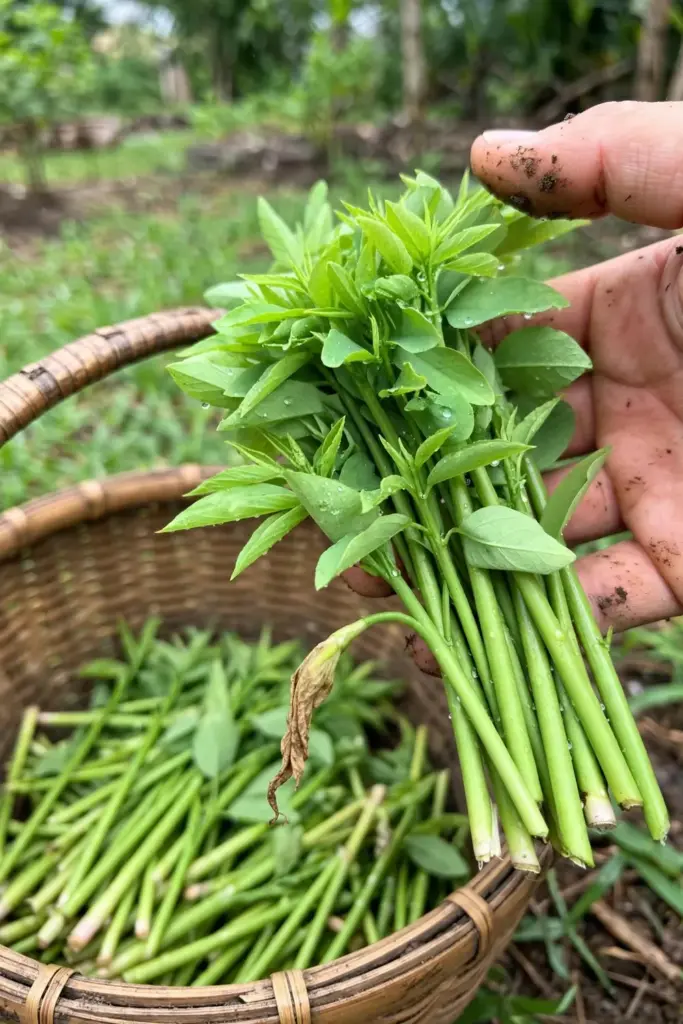 A hand cradling freshly cut katuk shoot tips over a woven basket