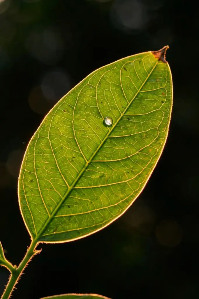 A single backlit katuk leaf showing its oval shape and pointed tip