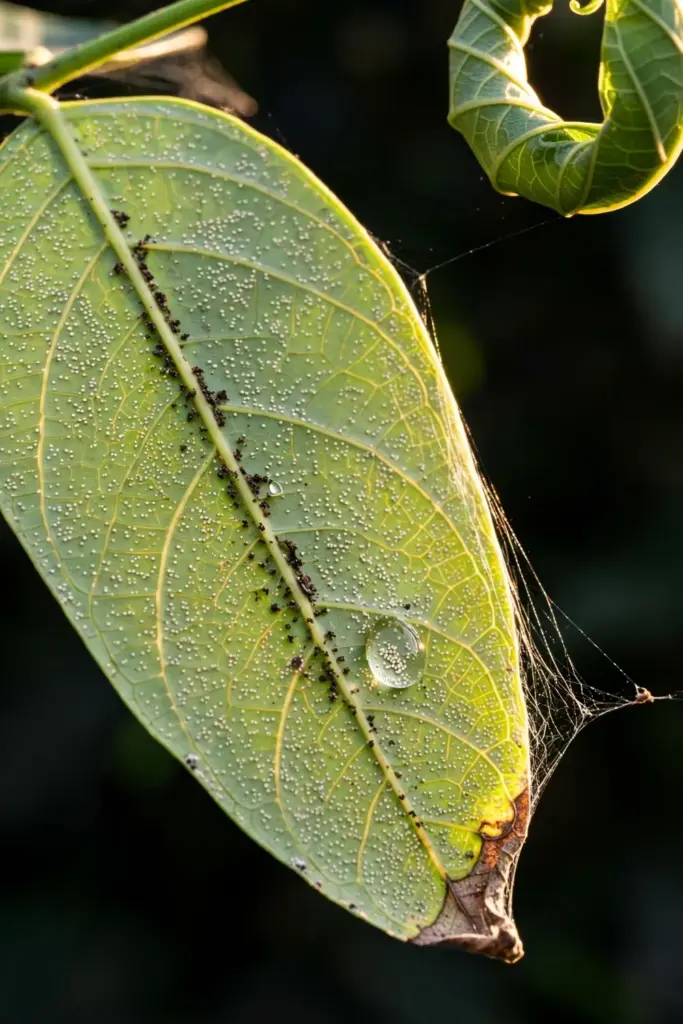 A katuk leaf underside under close inspection with fine stippling from mites