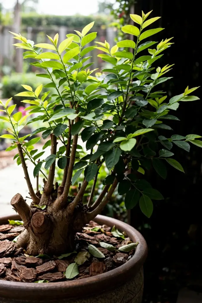 A mature katuk shrub with a woody base in a large mulched pot