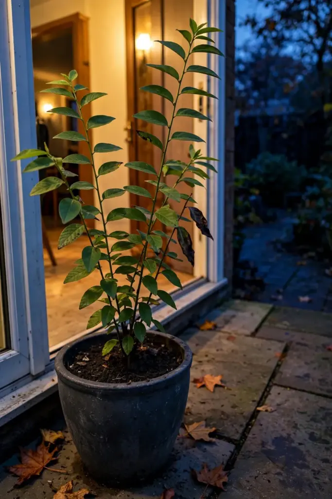 A potted katuk shrub at an open doorway at dusk before a cold night
