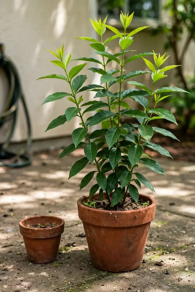 A potted katuk shrub on a patio showing the complete container setup