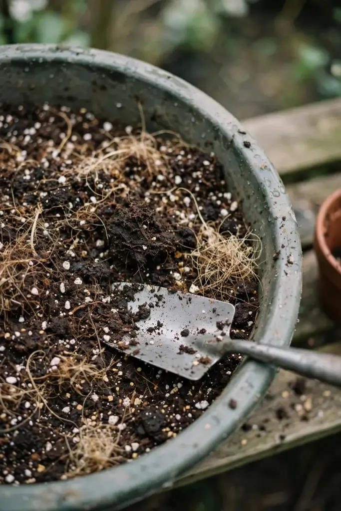 Katuk potting mix of compost, coir, and perlite in a tub with a trowel
