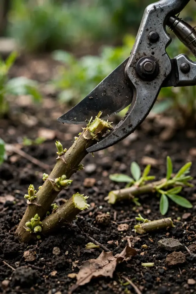 Pruning shears mid-cut on a katuk stem above fresh soil