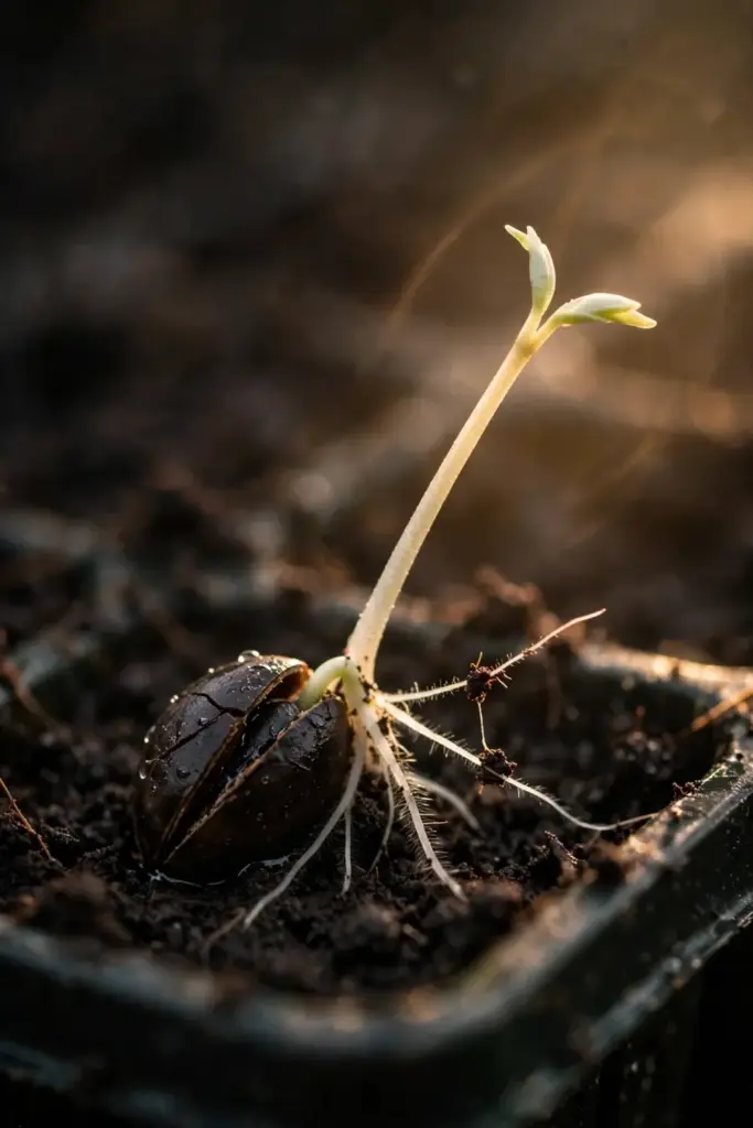 A katuk seed splitting on dark moist soil with a pale sprout and white rootlets