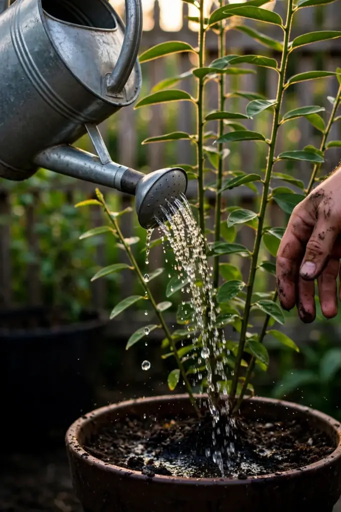 A hand tipping a watering can over the root zone of a potted katuk