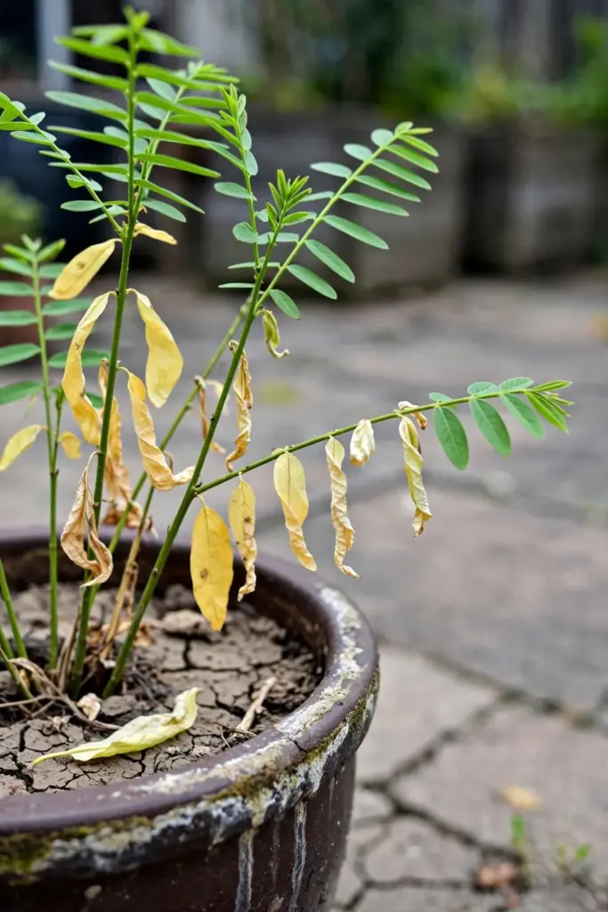 A katuk plant with yellowing lower leaves and dry potting mix