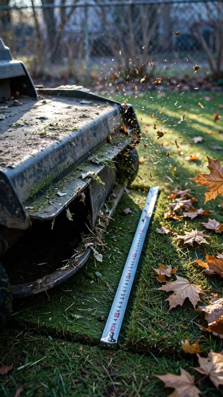 Mulching mower shredding leaves into turf with a tape showing mowing height