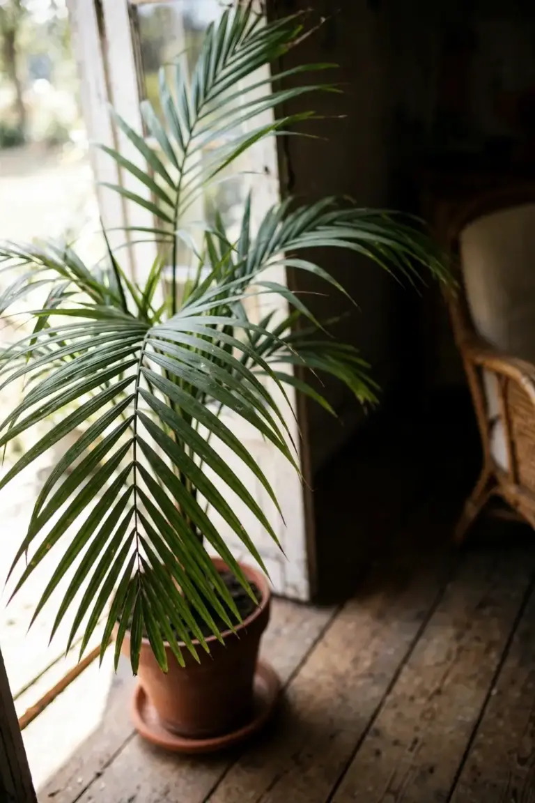 Kentia palm in a terracotta pot beside a bright indoor window