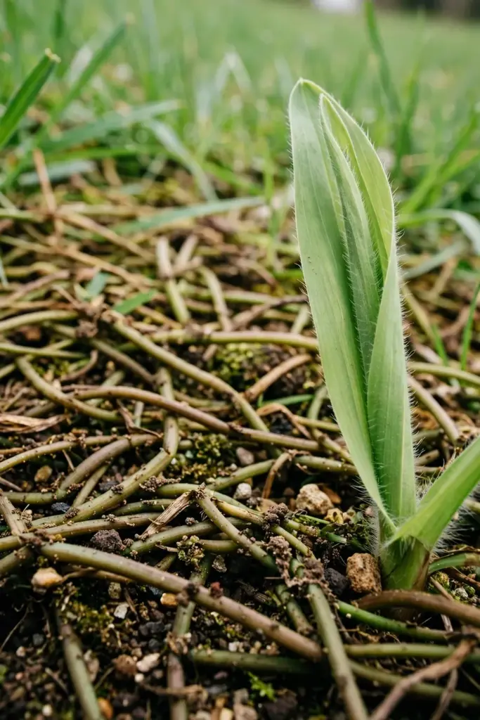 Hairy light-green kikuyu grass leaf with a thick springy mat below