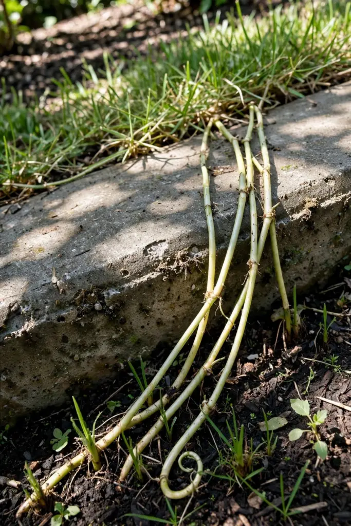 Kikuyu runners crossing a concrete edge into a garden bed