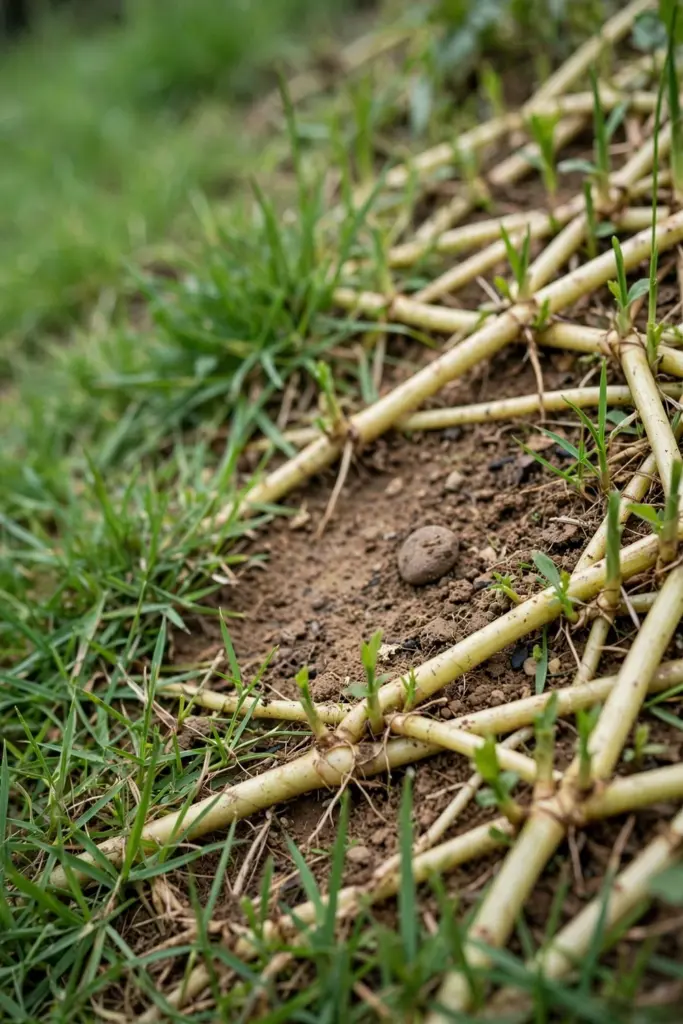 Kikuyu runners knitting closed over a worn patch of bare soil