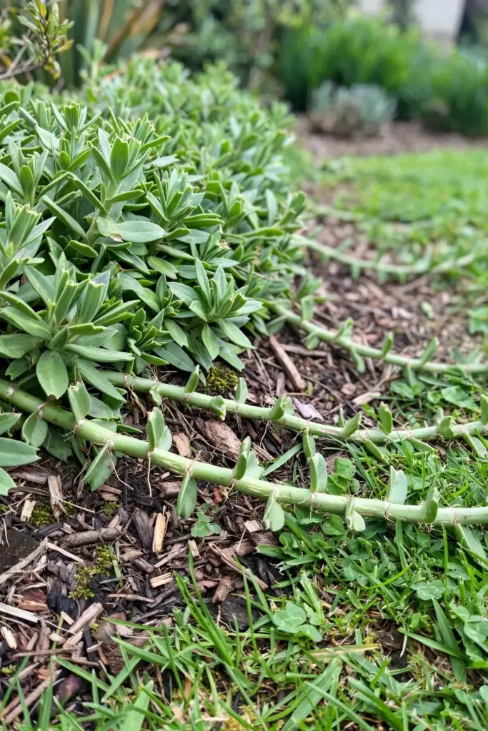 Kikuyu thick fleshy runners with coarse blunt leaves invading a bed edge