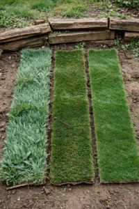 Three turf strips side by side showing broad Buffalo, coarse Kikuyu, and fine Couch leaves