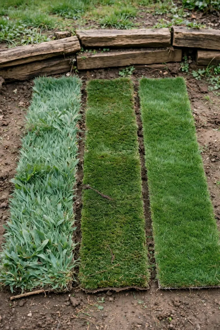 Three turf strips side by side showing broad Buffalo, coarse Kikuyu, and fine Couch leaves