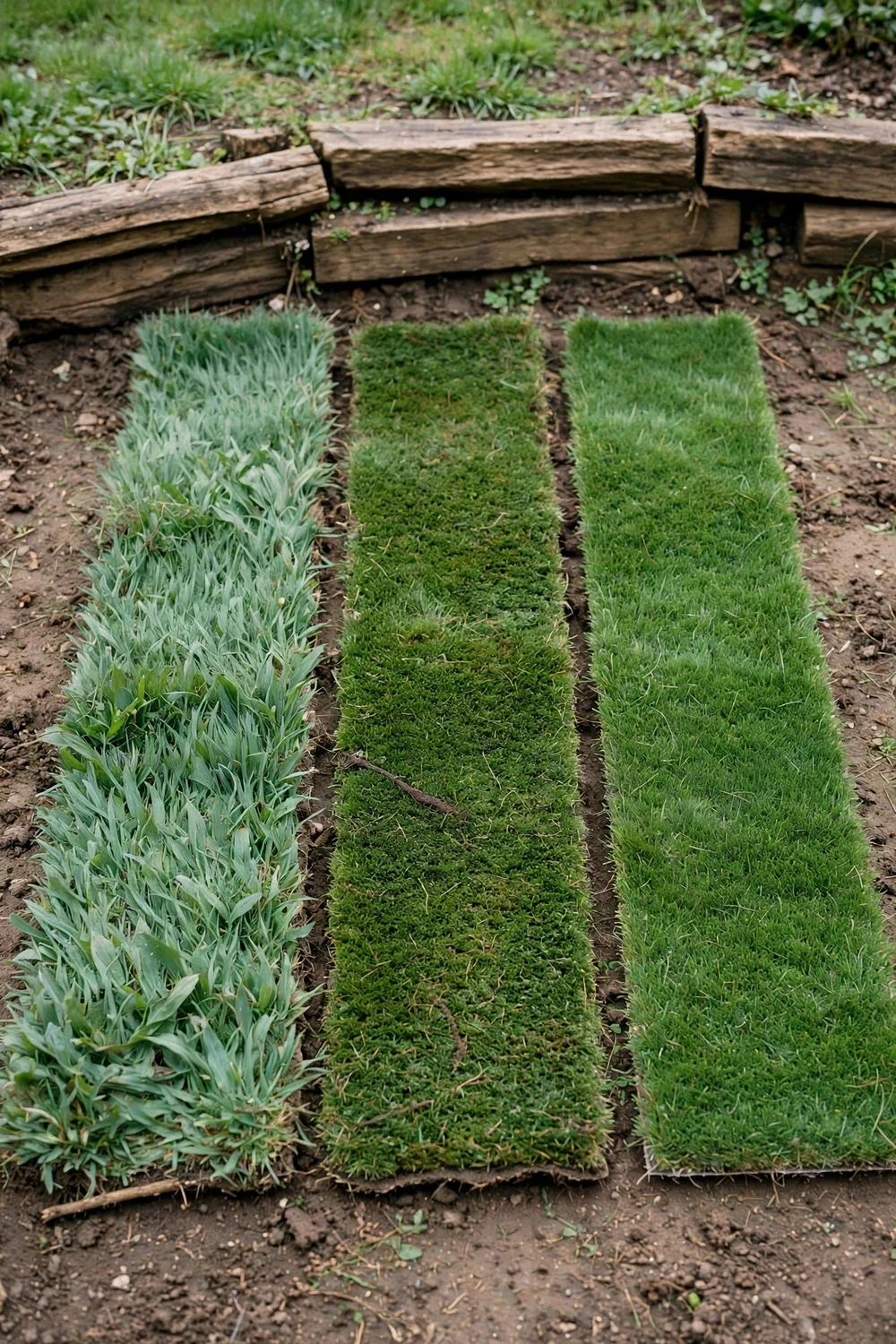 Three turf strips side by side showing broad Buffalo, coarse Kikuyu, and fine Couch leaves