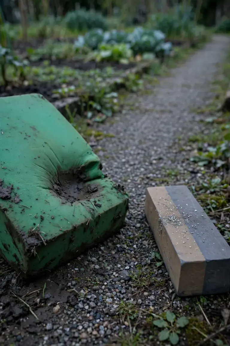 Foam kneeling pad and whetstone sharpening block on a garden path