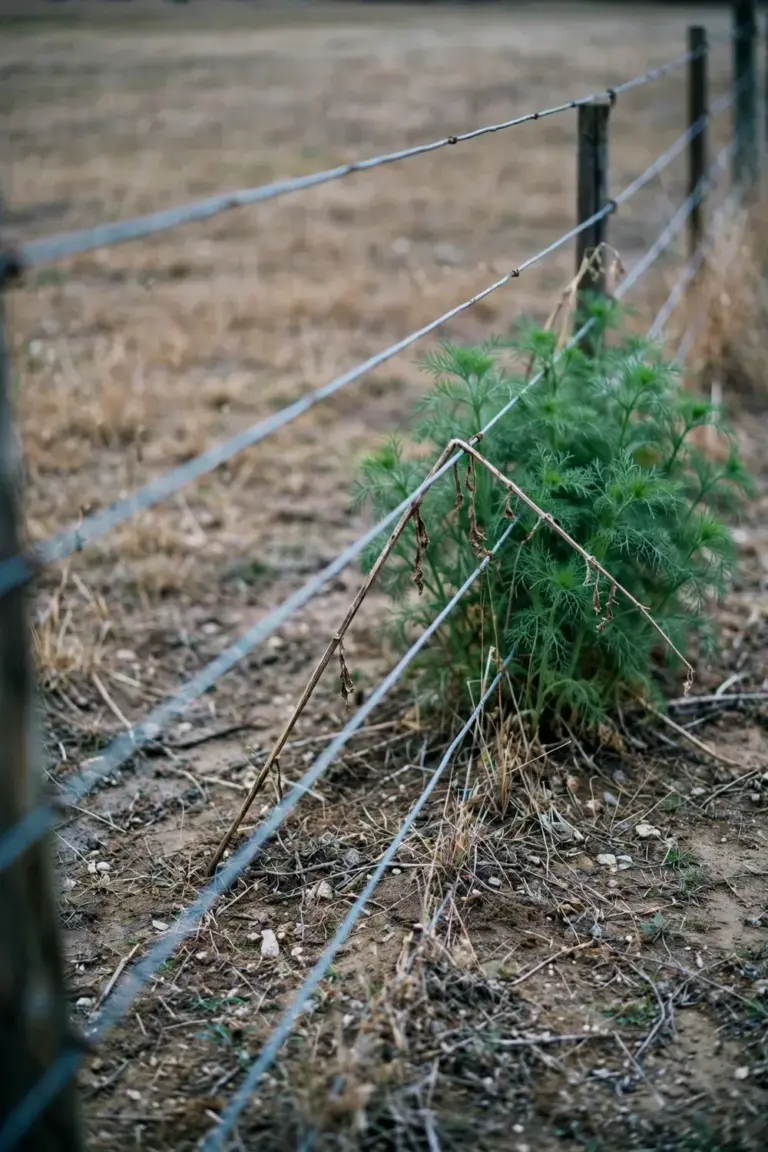 Kochia plants standing behind a wire fence line at pasture edge